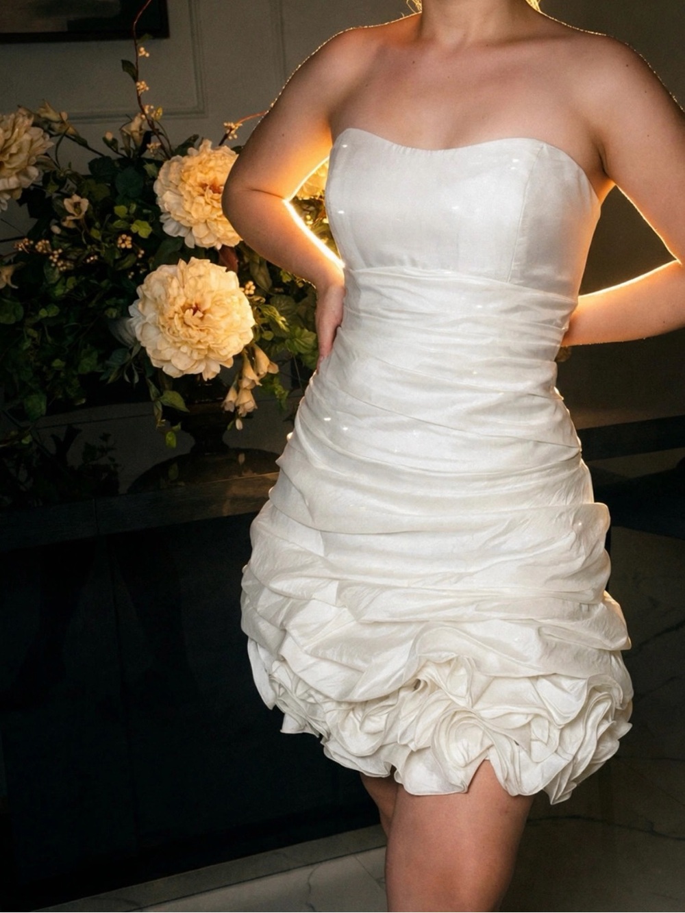 Vintage White Mini Bridal Dress Ruched Ruffle Strapless Wedding Reception Dress